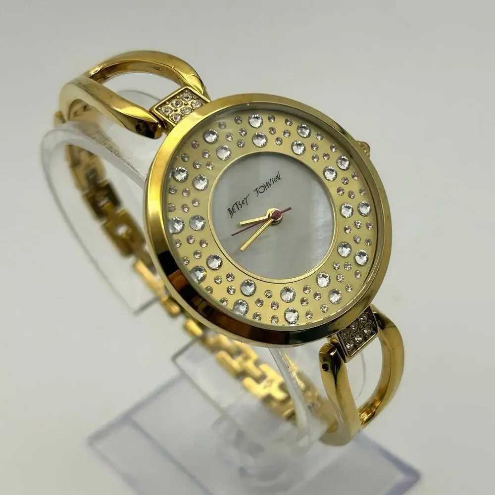 Betsey Johnson Gold Tone Mother Pearl Crystals Women’s Bangle Watch in a Box